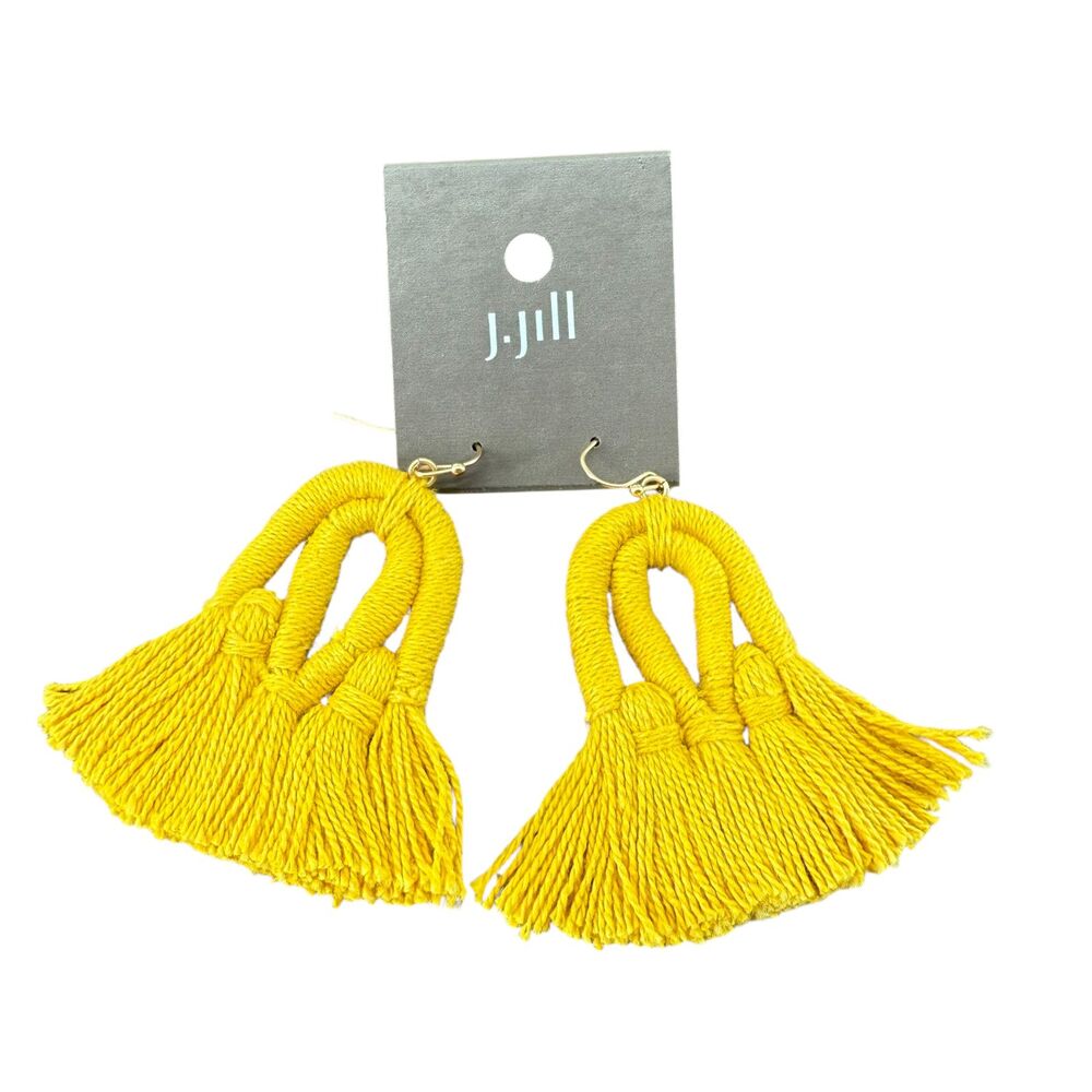 J. Jill Macrame Tassel Earrings Yellow Fringe Boho Statement Dangle Vacation NWT - Picture 6 of 13